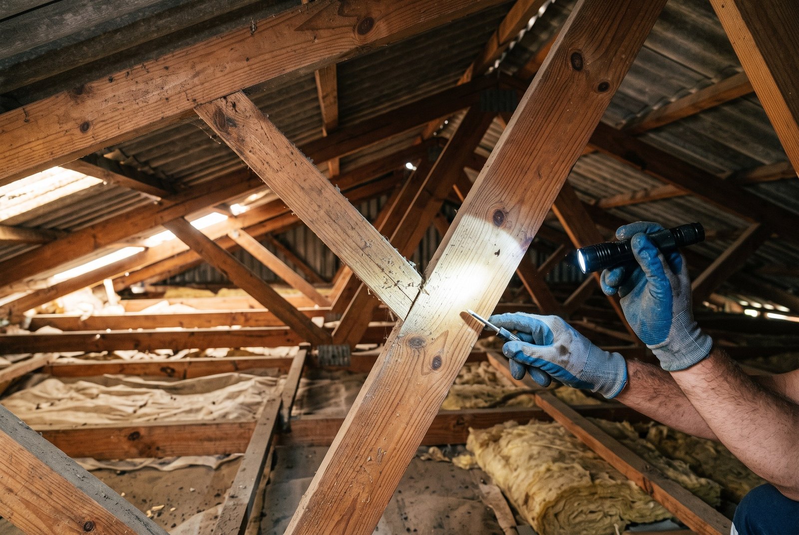 Roof timber examined for wood destroying organisms during a beetle certificate inspection