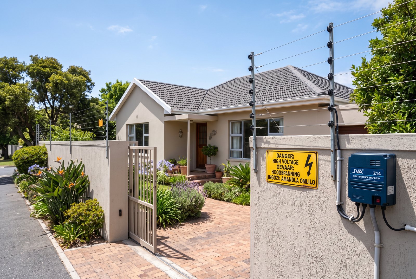 Electric fence energizer and wall-top wires inspected for an electric fence Certificate of Compliance