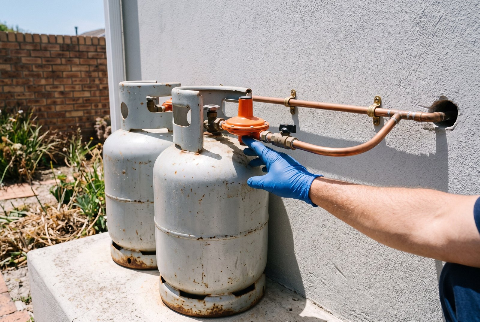 Domestic LPG cylinder installation and regulator inspected for a gas Certificate of Compliance